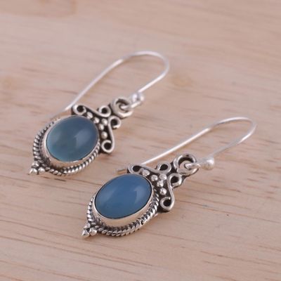 Alternate image for Blue Chalcedony and 925 Silver Dangle Earrings from India Elegant Gloss in Blue