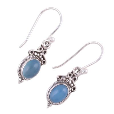 Alternate image for Blue Chalcedony and 925 Silver Dangle Earrings from India Elegant Gloss in Blue