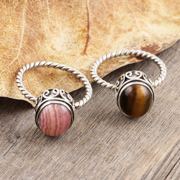 Alternate image for Pair of Silver Rings with Rhodochrosite and Tigers Eye Hearts in Harmony