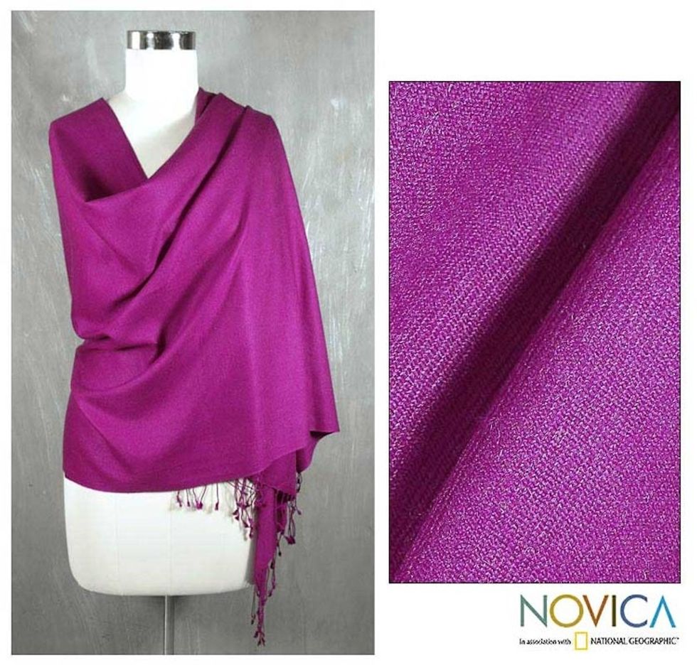 Woven Purple Wool and Silk Shawl with Fringe from India 'Mumbai Orchid'