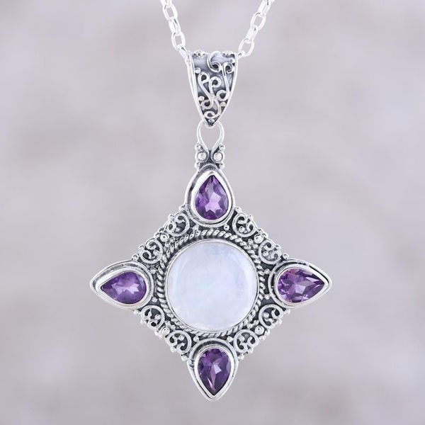 Alternate image for Amethyst and Rainbow Moonstone Silver Pendant Necklace Eternal Delight