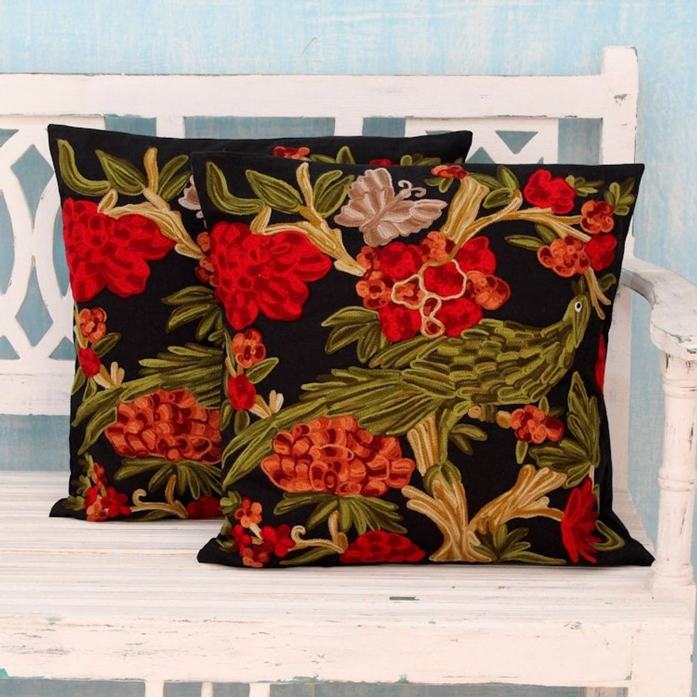 Chainstitch Embroidery Black Cotton Cushion Covers Pair 'Midnight in the Garden'