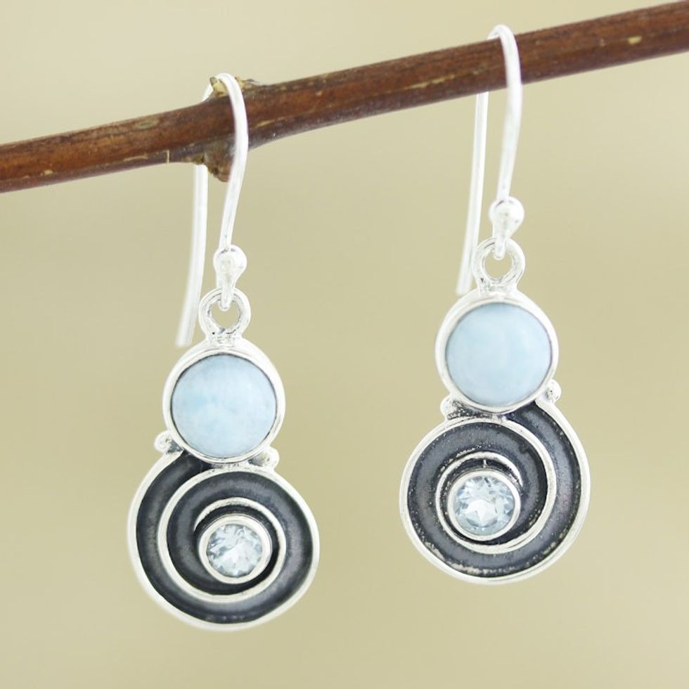 Larimar and Blue Topaz Sterling Silver Dangle Earrings 'Sky Spiral'