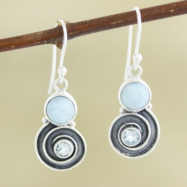 Alternate image for Larimar and Blue Topaz Sterling Silver Dangle Earrings Sky Spiral