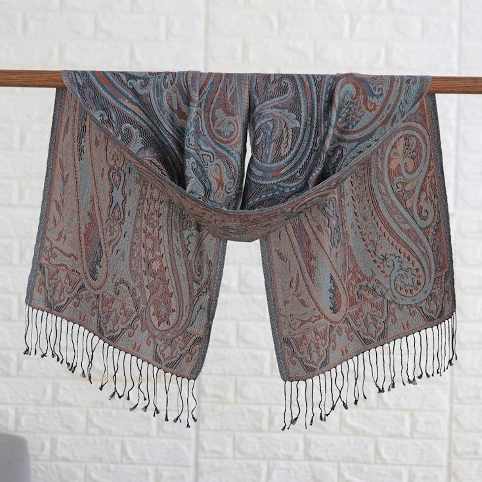 Paisley and Leafy Turquoise and Beige Silk Scarf from India 'Serene Paisley Facets'