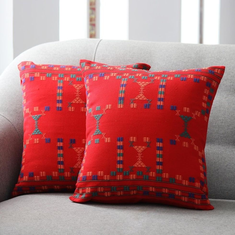 Cotton Red Cushion Covers Set 2 Throw Pillows 'Sequences'