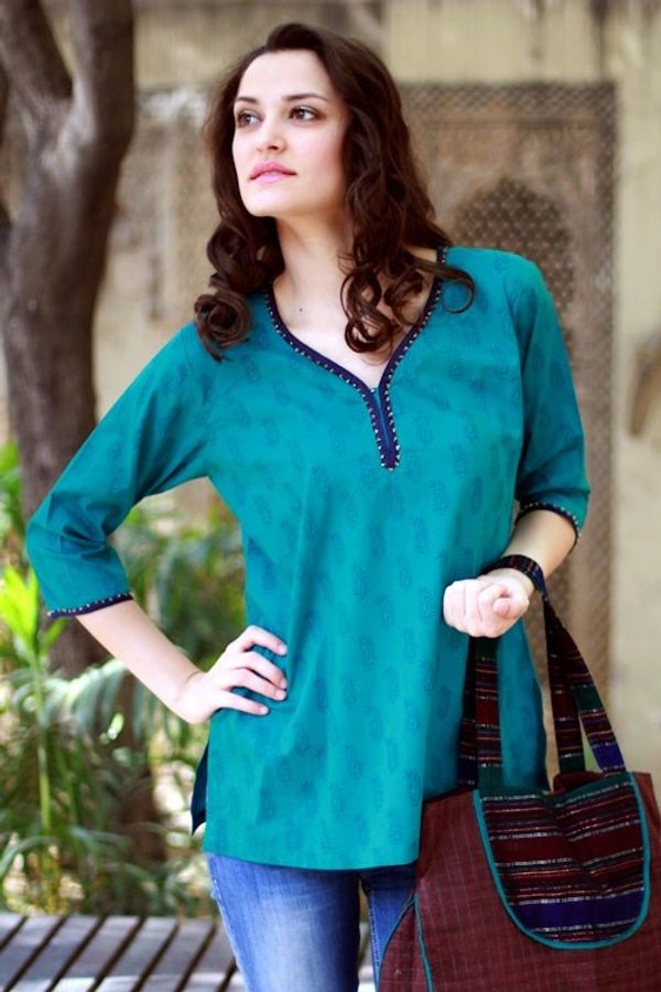 Alternate image for Cotton Tunic Top Embellished Blouse Block Print Hand Made Turquoise in Delhi