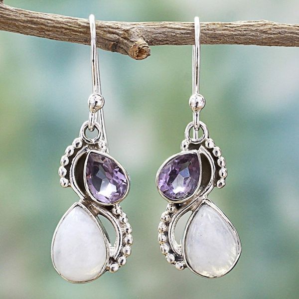 Alternate image for Silver and Rainbow Moonstone Earrings with Faceted Amethyst Two Teardrops
