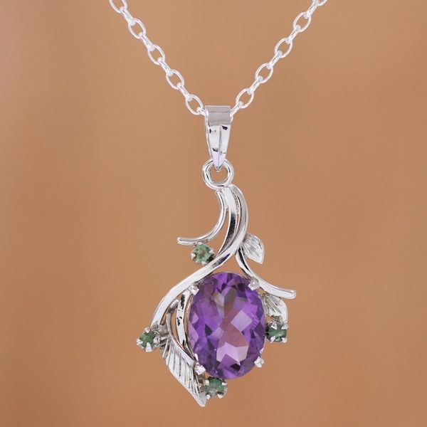 Alternate image for Rhodium Plated Amethyst and Emerald Necklace from India Harmony Vine