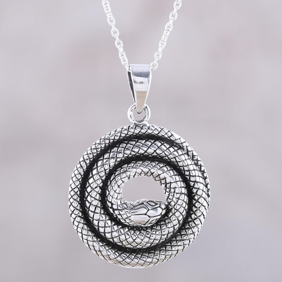 Coiled Snake Sterling Silver Pendant Necklace from India 'Sleeping Serpent'