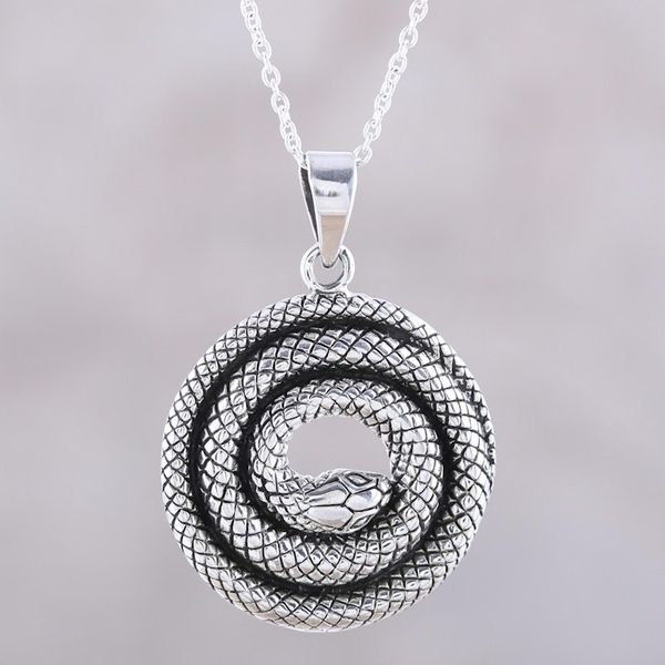 Alternate image for Coiled Snake Sterling Silver Pendant Necklace from India Sleeping Serpent