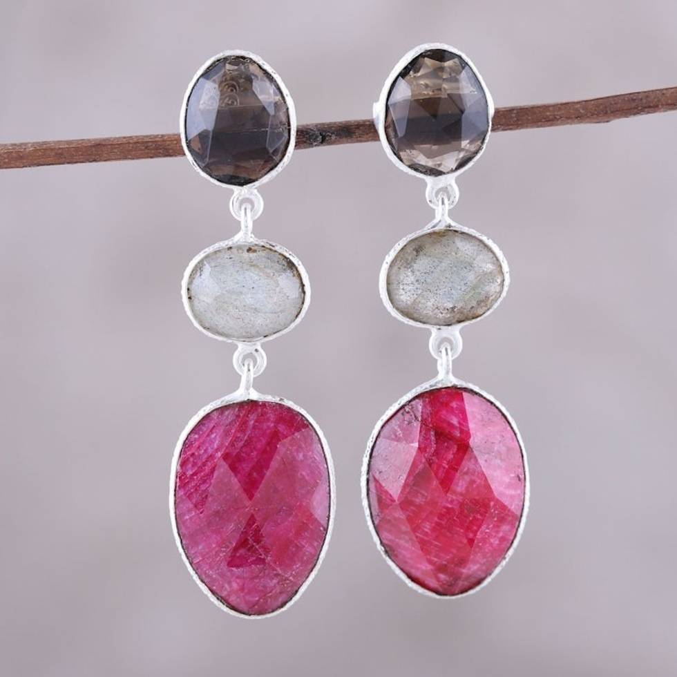 Multi-Gemstone Dangle Earrings Crafted in India 'Fascinating Trio'