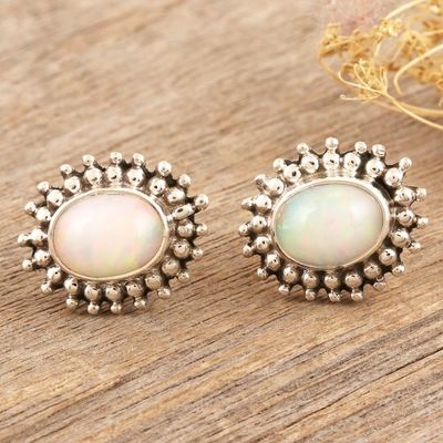 Alternate image for Sterling Silver Button Earrings with Opal Stones from India Enjoy Life