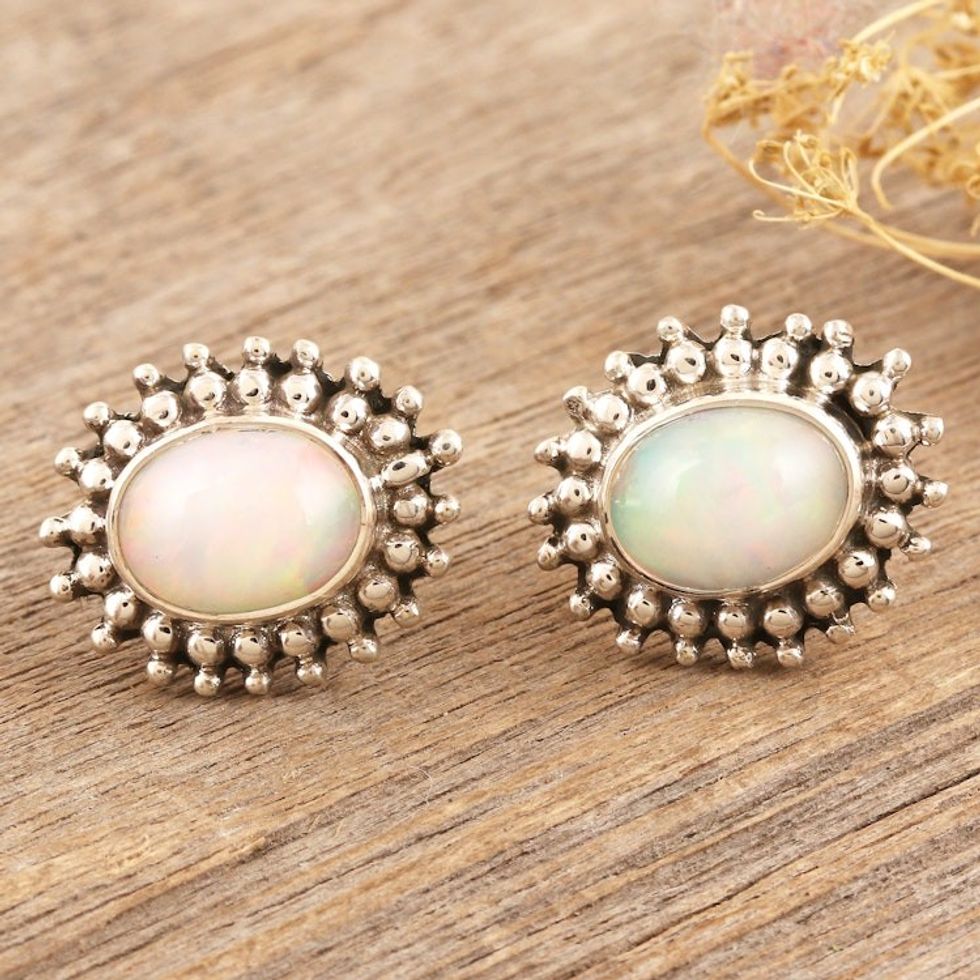 Sterling Silver Button Earrings with Opal Stones from India 'Enjoy Life'