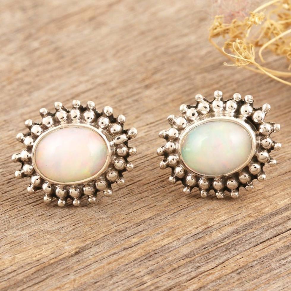 Sterling Silver Button Earrings with Opal Stones from India 'Enjoy Life'
