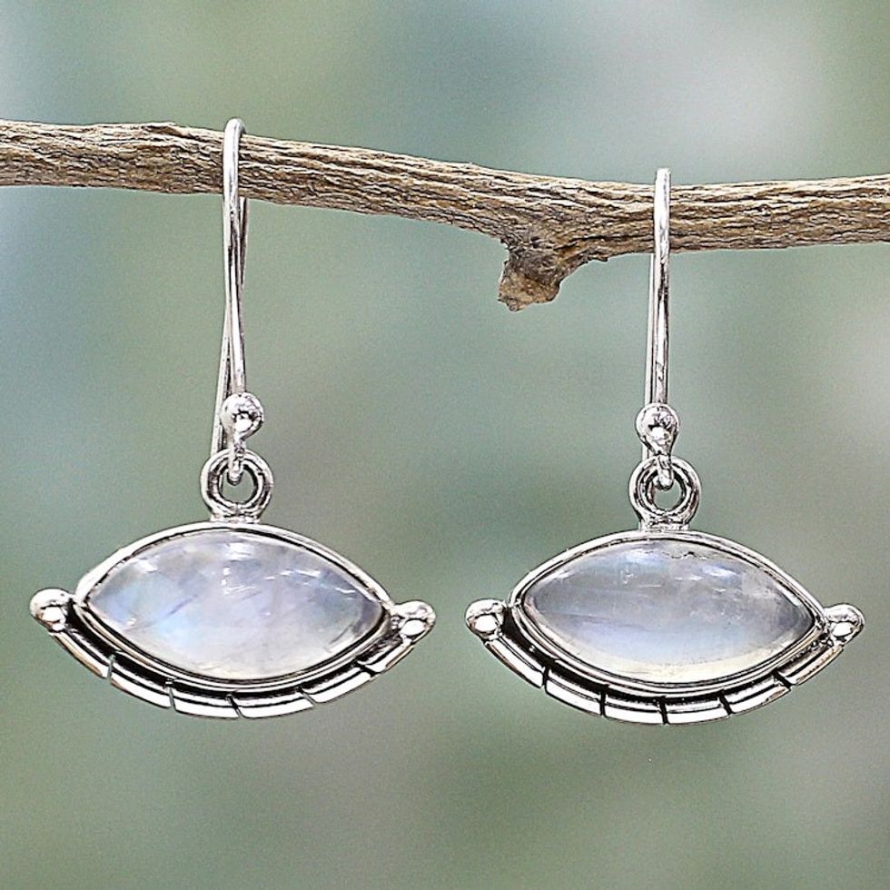 Sterling Silver Rainbow Moonstone Dangle Earrings from India 'Protective Eyes'