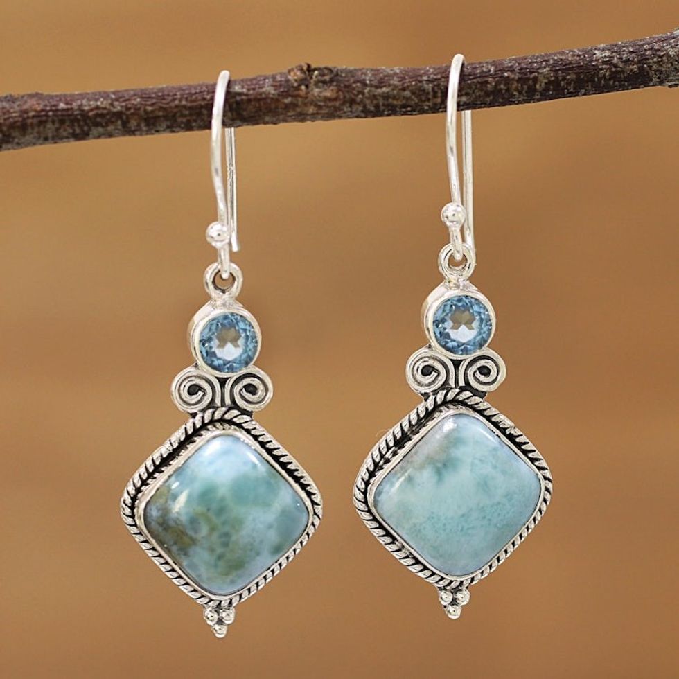 Blue Topaz and Larimar Sterling Silver Dangle Earrings 'Pastel Seas'