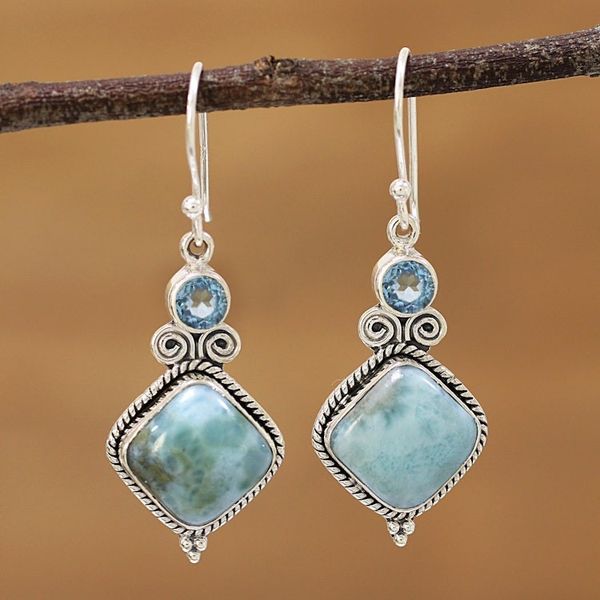 Alternate image for Blue Topaz and Larimar Sterling Silver Dangle Earrings Pastel Seas