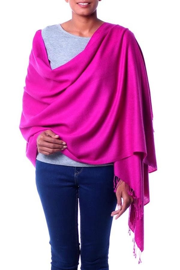 Alternate image for Woven Purple Wool and Silk Shawl with Fringe from India Mumbai Orchid