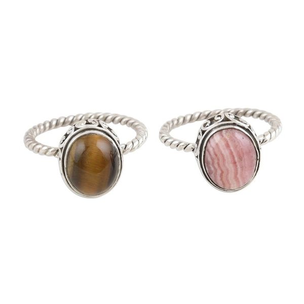 Alternate image for Pair of Silver Rings with Rhodochrosite and Tigers Eye Hearts in Harmony
