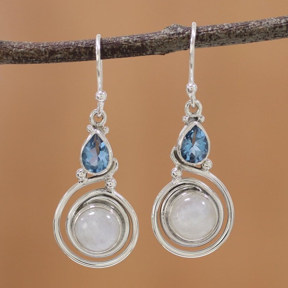 Moonstone and Blue Topaz Sterling Silver Earrings from India 'Blissful Fusion'