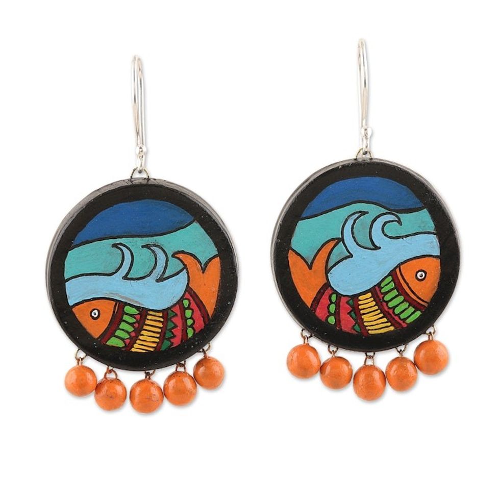 Hand-Painted Fish-Themed Ceramic Dangle Earrings with Beads 'Madhubani Fish'