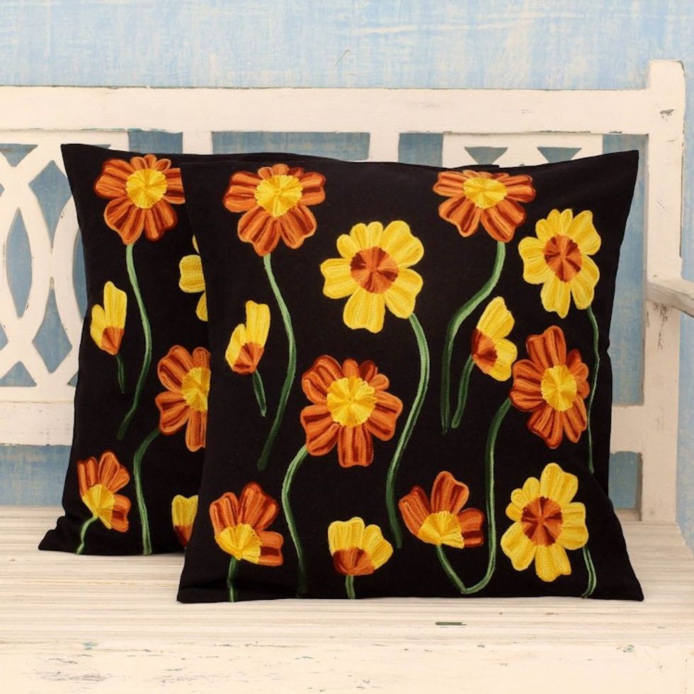 2 Black Cotton Floral Cushion Covers Chainstitch Embroidery 'Midnight Marigolds'