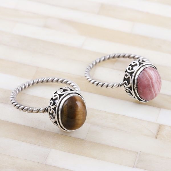 Alternate image for Pair of Silver Rings with Rhodochrosite and Tigers Eye Hearts in Harmony