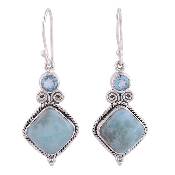 Alternate image for Blue Topaz and Larimar Sterling Silver Dangle Earrings Pastel Seas