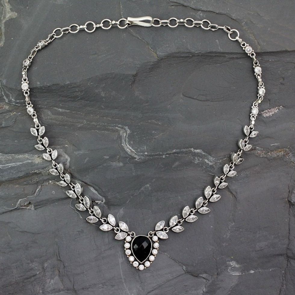 Onyx and Quartz Y Necklace in Sterling Silver 'Midnight Dewdrops'