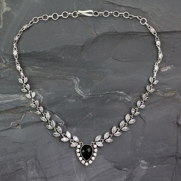 Alternate image for Onyx and Quartz Y Necklace in Sterling Silver Midnight Dewdrops