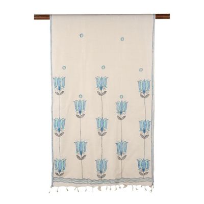 Alternate image for Handwoven Floral Motif Madhubani Silk Scarf from India Lotus Peace in Blue