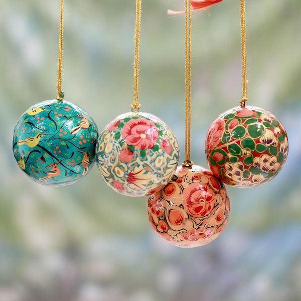Alternate image for India Handmade Papier Mache Christmas Ornaments Set of 4 Christmas Joy