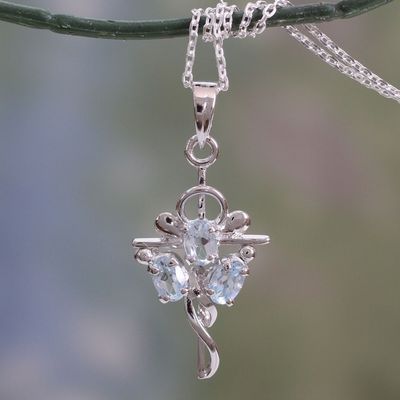 Alternate image for Cross Pendant Necklace with Blue Topaz Gems Precious Trinity