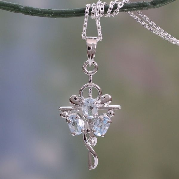 Alternate image for Cross Pendant Necklace with Blue Topaz Gems Precious Trinity