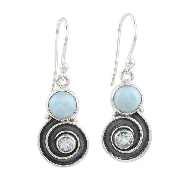 Alternate image for Larimar and Blue Topaz Sterling Silver Dangle Earrings Sky Spiral