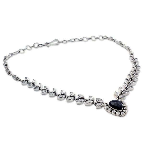 Alternate image for Onyx and Quartz Y Necklace in Sterling Silver Midnight Dewdrops