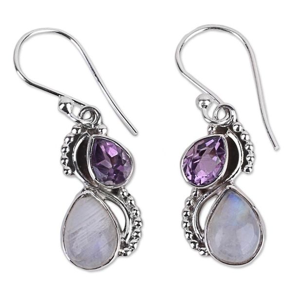 Alternate image for Silver and Rainbow Moonstone Earrings with Faceted Amethyst Two Teardrops