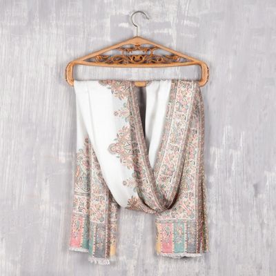 Alternate image for Modal Woven Shawl White with Multicolored Motifs Mughal Fresco