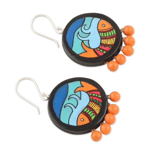 Alternate image for Hand-Painted Fish-Themed Ceramic Dangle Earrings with Beads Madhubani Fish