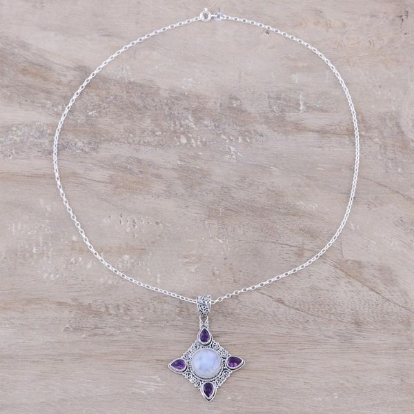 Alternate image for Amethyst and Rainbow Moonstone Silver Pendant Necklace Eternal Delight