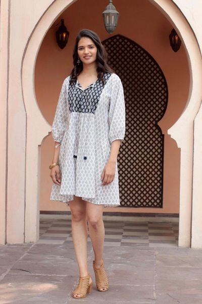 Alternate image for Screen Printed Floral Cotton Drawstring Dress from India Warm Days