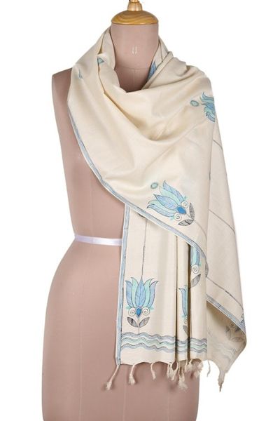 Alternate image for Handwoven Floral Motif Madhubani Silk Scarf from India Lotus Peace in Blue
