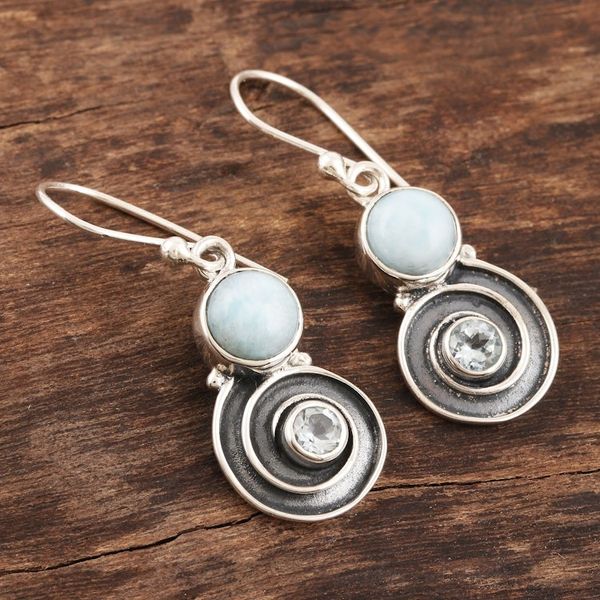 Alternate image for Larimar and Blue Topaz Sterling Silver Dangle Earrings Sky Spiral