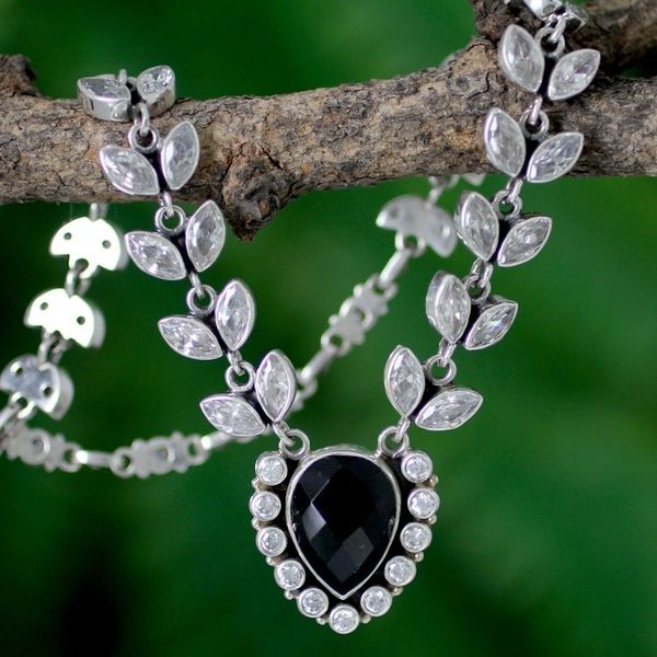 Alternate image for Onyx and Quartz Y Necklace in Sterling Silver Midnight Dewdrops