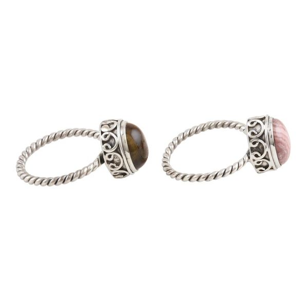 Alternate image for Pair of Silver Rings with Rhodochrosite and Tigers Eye Hearts in Harmony