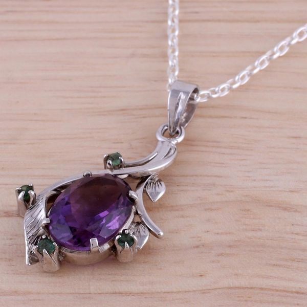 Alternate image for Rhodium Plated Amethyst and Emerald Necklace from India Harmony Vine