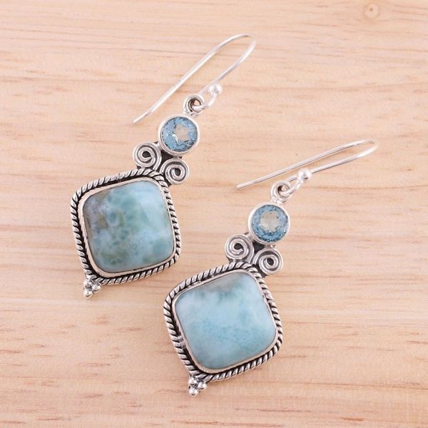 Alternate image for Blue Topaz and Larimar Sterling Silver Dangle Earrings Pastel Seas