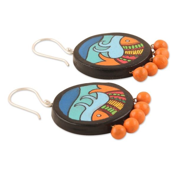 Alternate image for Hand-Painted Fish-Themed Ceramic Dangle Earrings with Beads Madhubani Fish