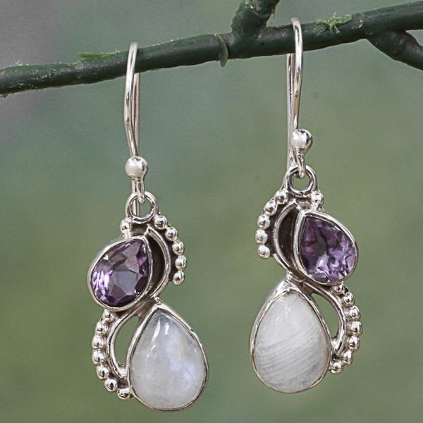 Alternate image for Silver and Rainbow Moonstone Earrings with Faceted Amethyst Two Teardrops